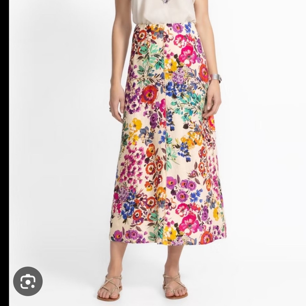 Johnny Was Cream seamed Maxi Skirt with Bright Floral Mix 100 % Linen